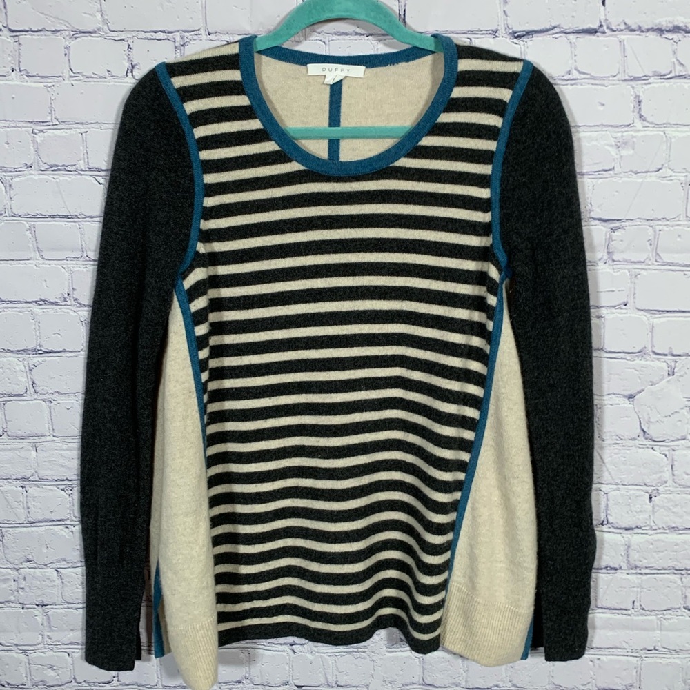 Duffy Womens Color Block Striped Cashmere Sweater Blue Cream S Casual Business
